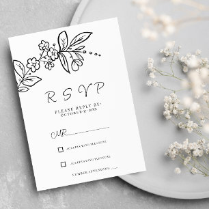 Elegant black white simple floral RSVP Invitation