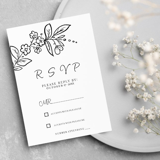 Elegant black white simple floral RSVP Invitation (Elegant black white simple floral RSVP )