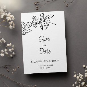 Elegant black white simple floral Save the Date Invitation