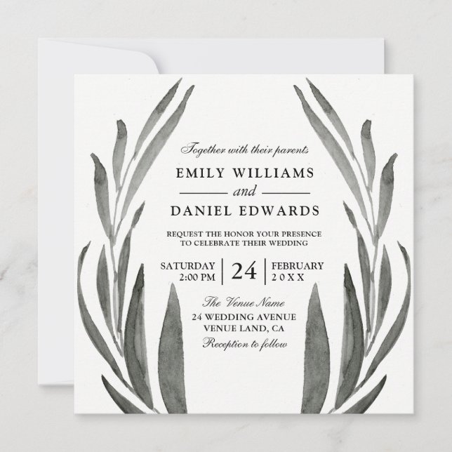 Elegant Black & White Simple Leaf Wedding Wreath Invitation (Front)