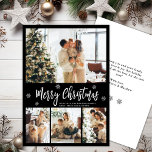 Elegant Black White Snowflake 4 Photo Christmas<br><div class="desc">Elegant, Modern 4 Photo Collage Black and White Merry Christmas Script Holiday Card. This festive, minimalist, whimsical, (4) four photo holiday card template features a pretty photo collage, some small snowflake and says Merry Christmas! The „Merry Christmas” greeting text is written in a beautiful white colour hand lettered typography font...</div>