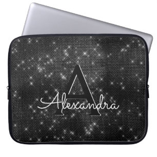 Elegant Black & White Sparkling Stars Monogram Laptop Sleeve