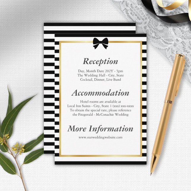 Elegant Black White Stripe Gold Frame Wedding Enclosure Card (Creator Uploaded)