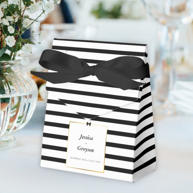 Elegant Black White Stripe Gold Frame Wedding Favour Box (Creator Uploaded)
