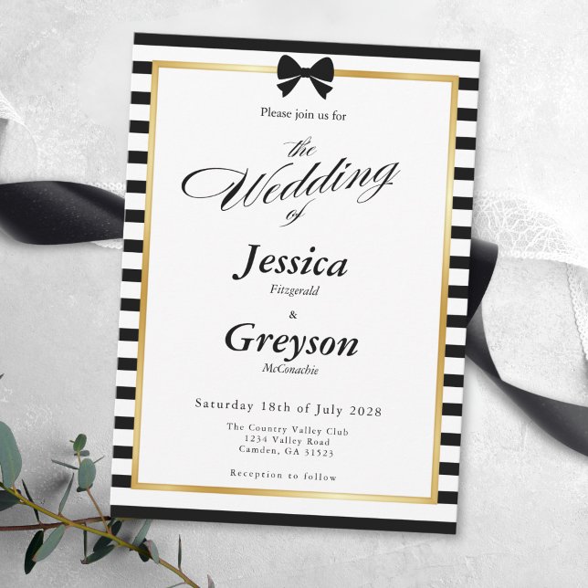 Elegant Black White Stripe Gold Frame Wedding Invitation (Creator Uploaded)