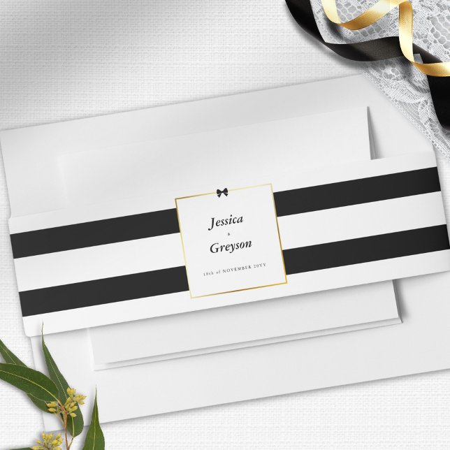 Elegant Black White Stripe Gold Frame Wedding  Invitation Belly Band (Creator Uploaded)