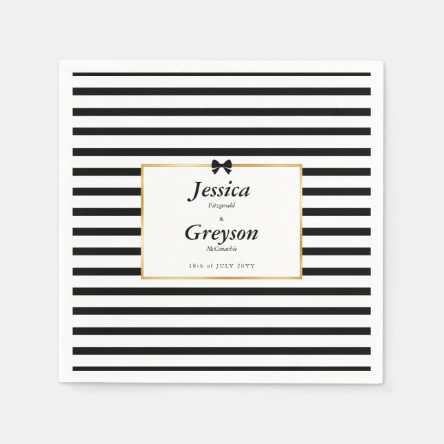 Elegant Black White Stripe Gold Frame Wedding Napkin (Front)