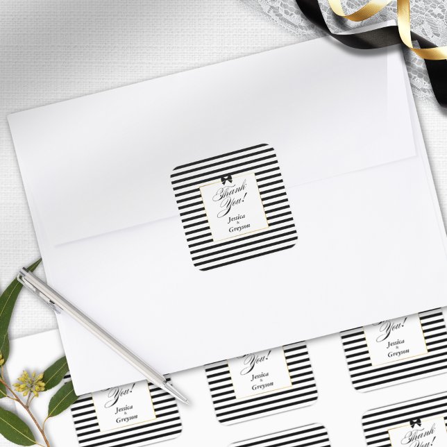 Elegant Black White Stripe Gold Frame Wedding Square Sticker (Creator Uploaded)