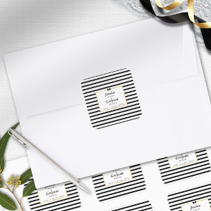 Elegant Black White Stripe Gold Frame Wedding Square Sticker