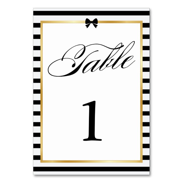 Elegant Black White Stripe Gold Frame Wedding Table Number (Front)
