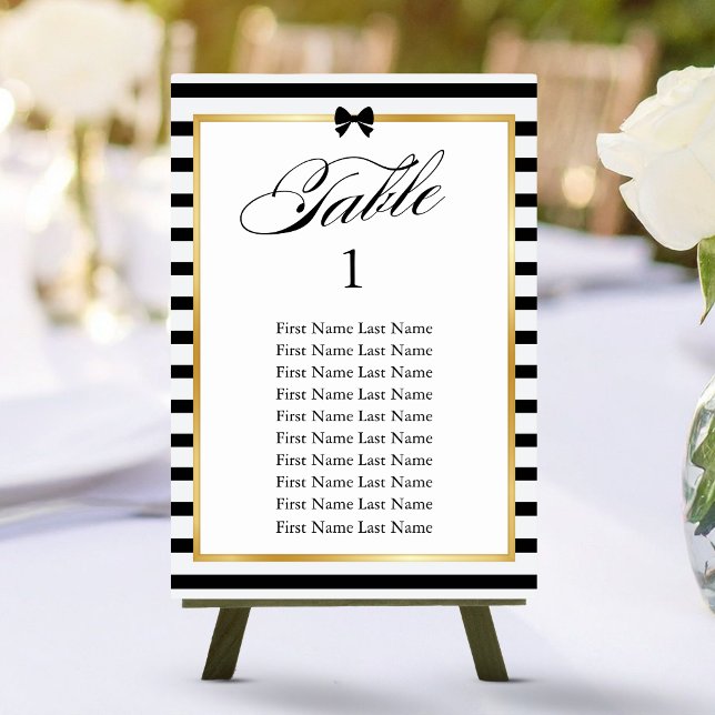 Elegant Black White Stripe Gold Frame Wedding Table Number (Creator Uploaded)