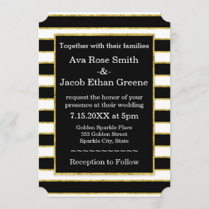 Elegant Black+White Stripe & Gold Sparkle Wedding Invitation