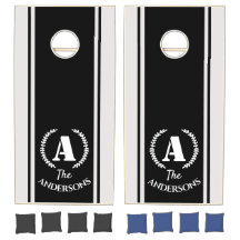 Elegant Black White Stripe Monogram Family Name