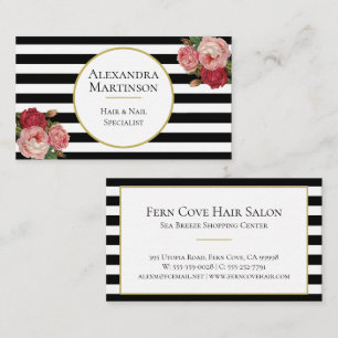 Elegant Black White Stripe Vintage Roses Floral Business Card