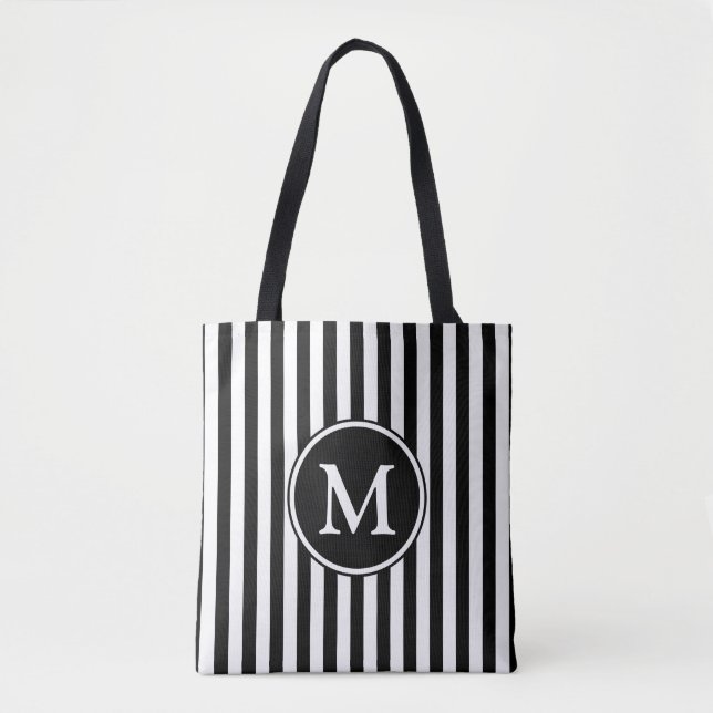 Elegant Black White Striped Monogram Tote Bag (Front)