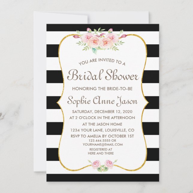 Elegant Black & White Stripes Flower Bridal Shower Invitation (Front)