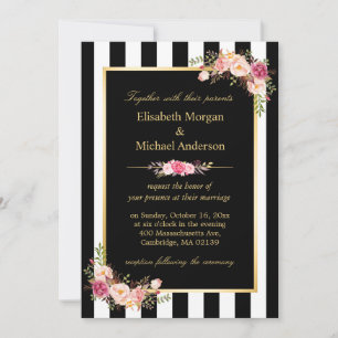 Elegant Black White Stripes Gold Floral Wedding Invitation