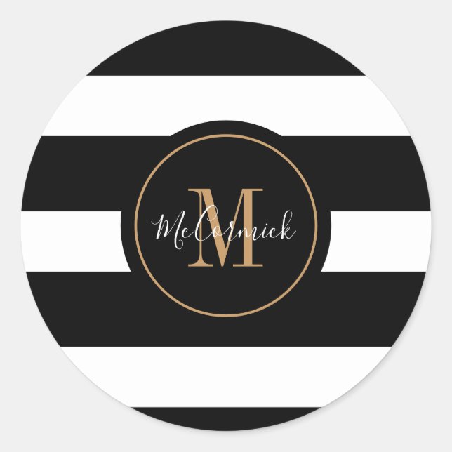 Elegant Black White Stripes Gold Monogram Name Classic Round Sticker (Front)