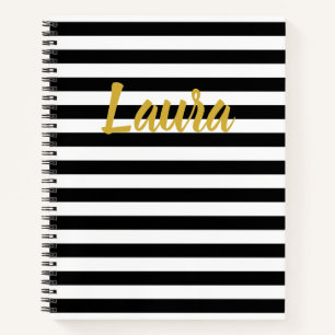 Elegant Black White Stripes Gold Script Name Notebook