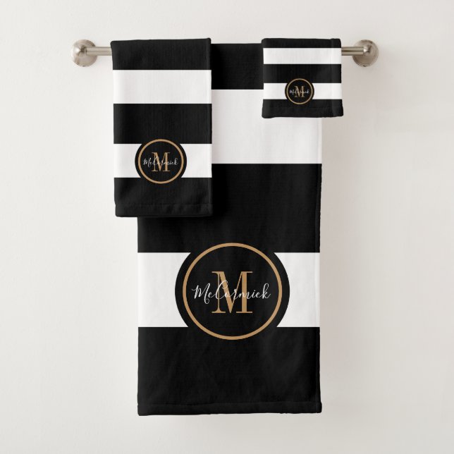 Elegant Black White Stripes Luxury Gold Monogram Bath Towel Set (Insitu)