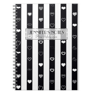 Elegant Black White Stripes Modern Heart Pattern Spiral Notebook