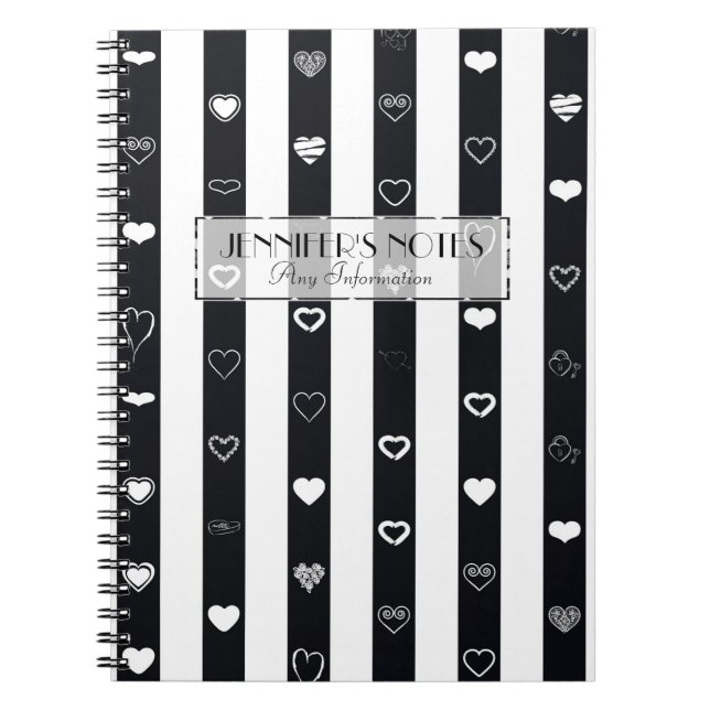 Elegant Black White Stripes Modern Heart Pattern Spiral Notebook (Front)