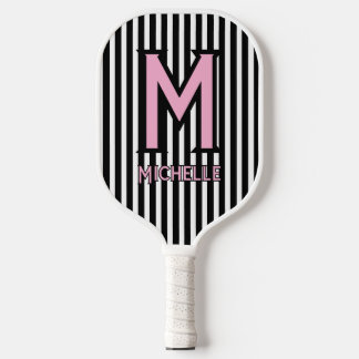 Elegant Black& White Stripes Pink Script Monogram Pickleball Paddle