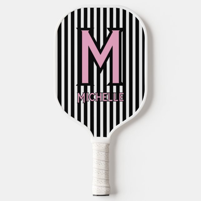 Elegant Black& White Stripes Pink Script Monogram Pickleball Paddle (Front)