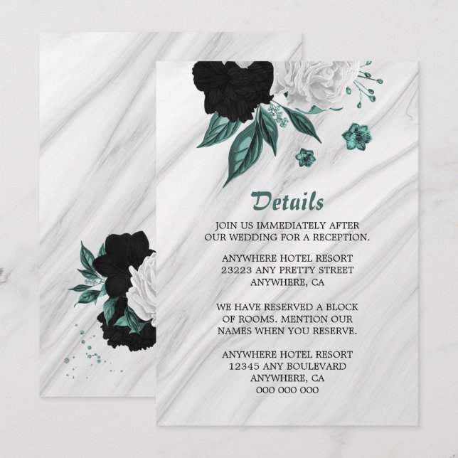 Elegant black white  & teal flowers details enclosure card (Front/Back)