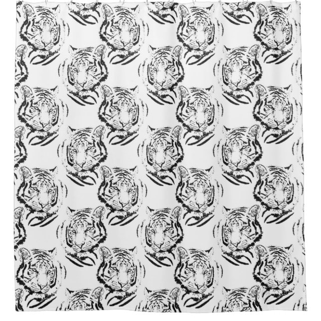 Elegant Black & White Tiger Head Print Design Shower Curtain (Front)