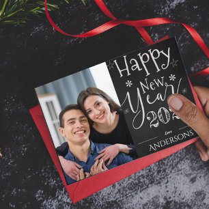 Elegant Black White Typography New Year 2024 Photo Postcard