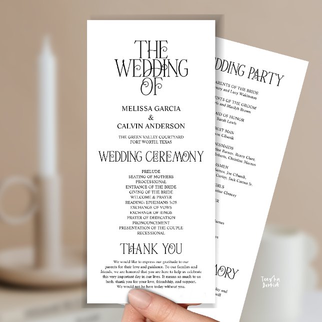 Elegant Black White Typography Wedding Program Programme (Elegant Black and White Typography Modern Romantic Wedding Program Card)