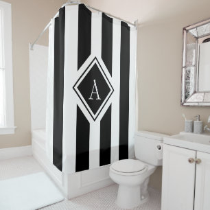 Elegant Black White Vertical Stripes Monogram Shower Curtain