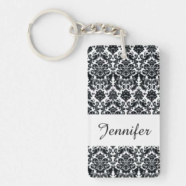 Elegant Black White Vintage Damask Pattern Key Ring (Front)