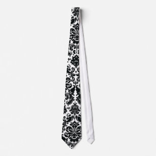 Elegant Black White Vintage Damask Pattern Tie