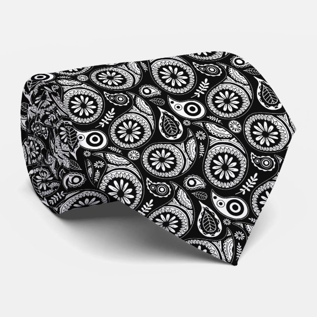 Elegant Black & White Vintage Paisley Pattern  Tie (Rolled)