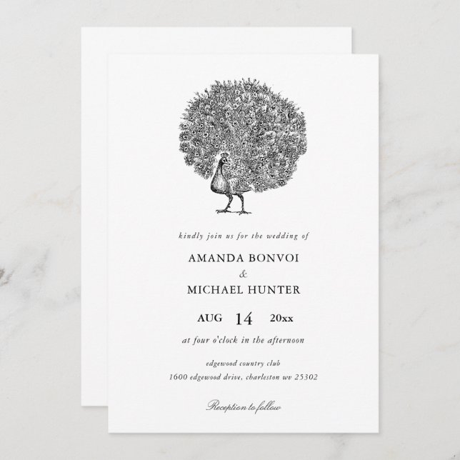 Elegant Black White Vintage Peacock Invitation (Front/Back)