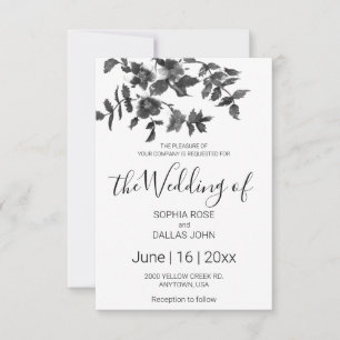 Elegant black white watercolor floral invitation