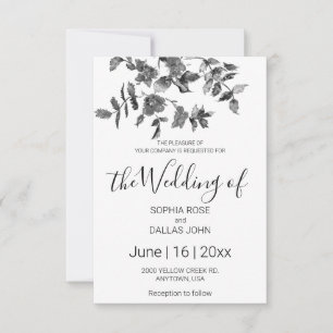 Elegant black white watercolor floral roses invitation