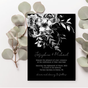 Elegant Black White Watercolor Floral Wedding Invitation