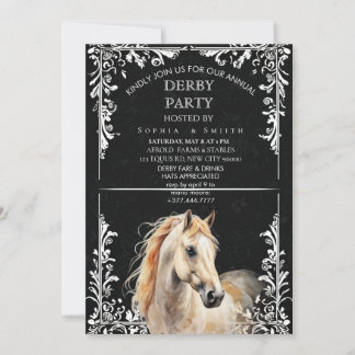 Elegant Black & White Watercolor Horse Derby Invit Holiday Card