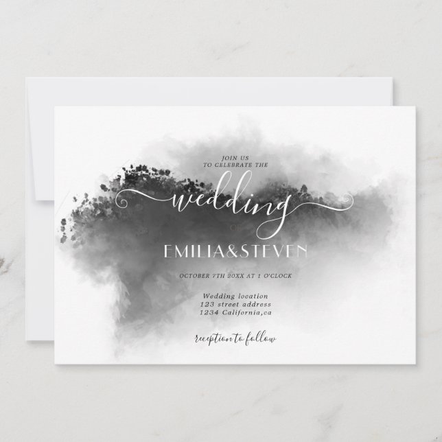 Elegant Black White Watercolor Landscape Wedding Invitation (Front)
