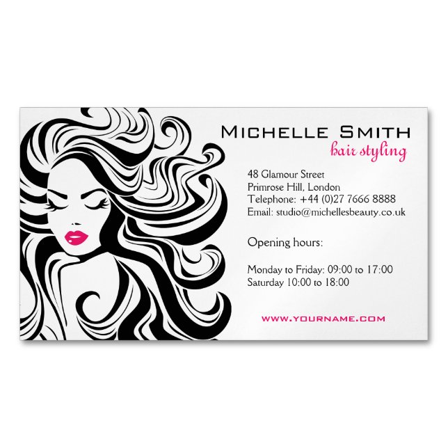 Elegant Black White Wavy Hairstyle Hair Extensions Magnetic Business Card (Front)