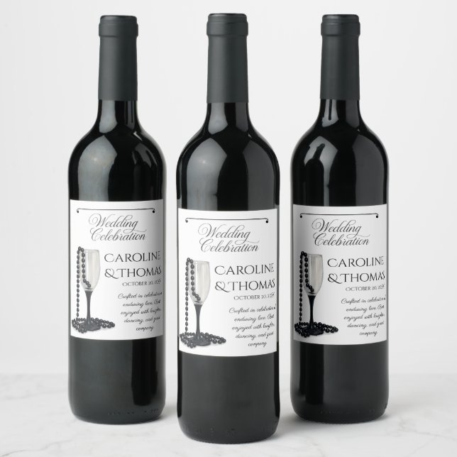 Elegant Black White Wedding Celebration Wine Label (Bottles)