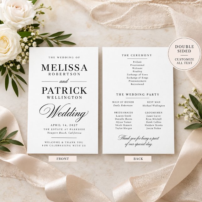 Elegant Black & White Wedding Ceremony Program Programme (Creator Uploaded)