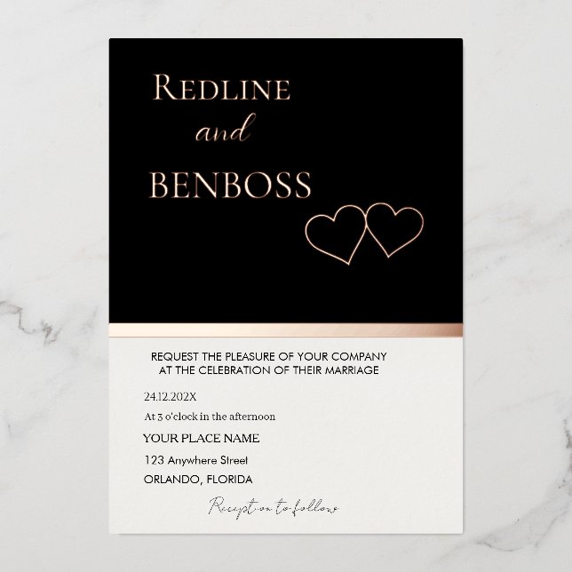 Elegant Black & white Wedding Invitation Rose Gold (Front)