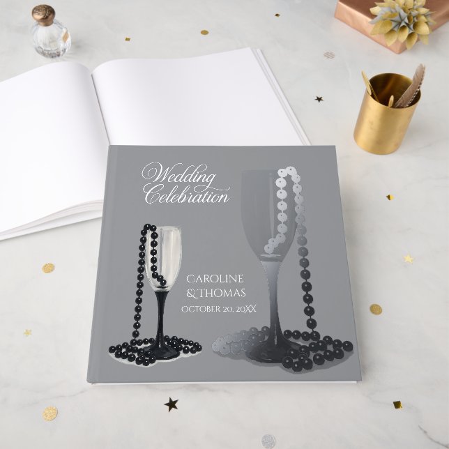 Elegant Black White Wedding Memory Keepsake Guest Book (Front Open)