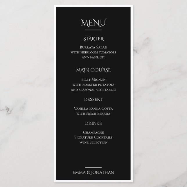 Elegant Black & White Wedding Menu Card (Front)