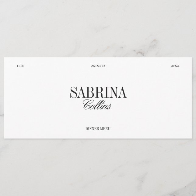 Elegant Black & White Wedding Place Card & Menu (Front)