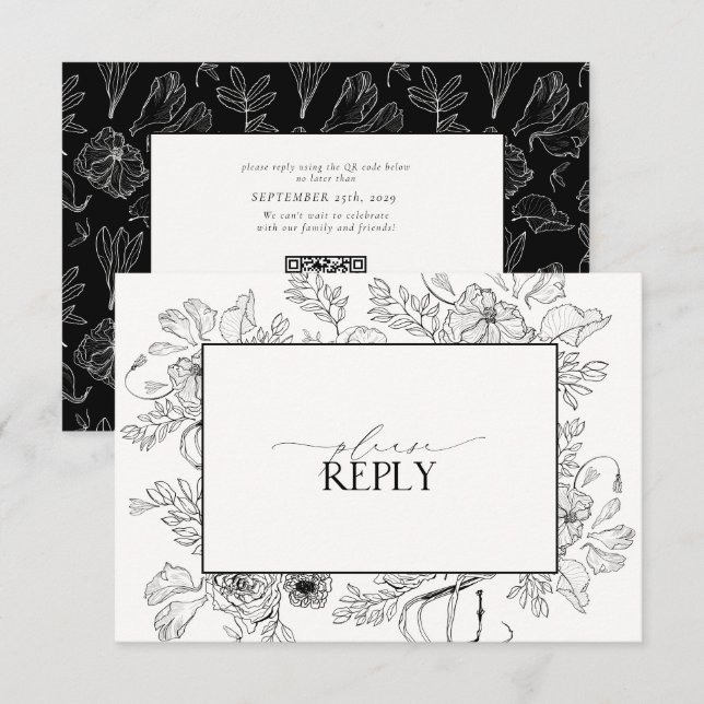 Elegant Black White Wedding QR Code  RSVP Card (Front/Back)